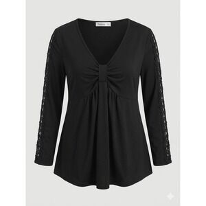 Nextmia Black V-Neck Bow Front Crochet Lace Long Sleeve Tunic Top Plus Size 16